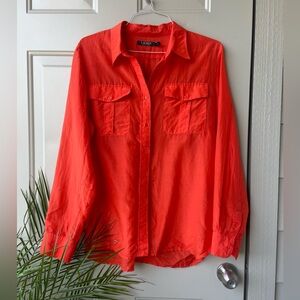 Lauren Ralph Lauren women's Red Cotton Silk Pocket Button Up Collared Shirt XL
